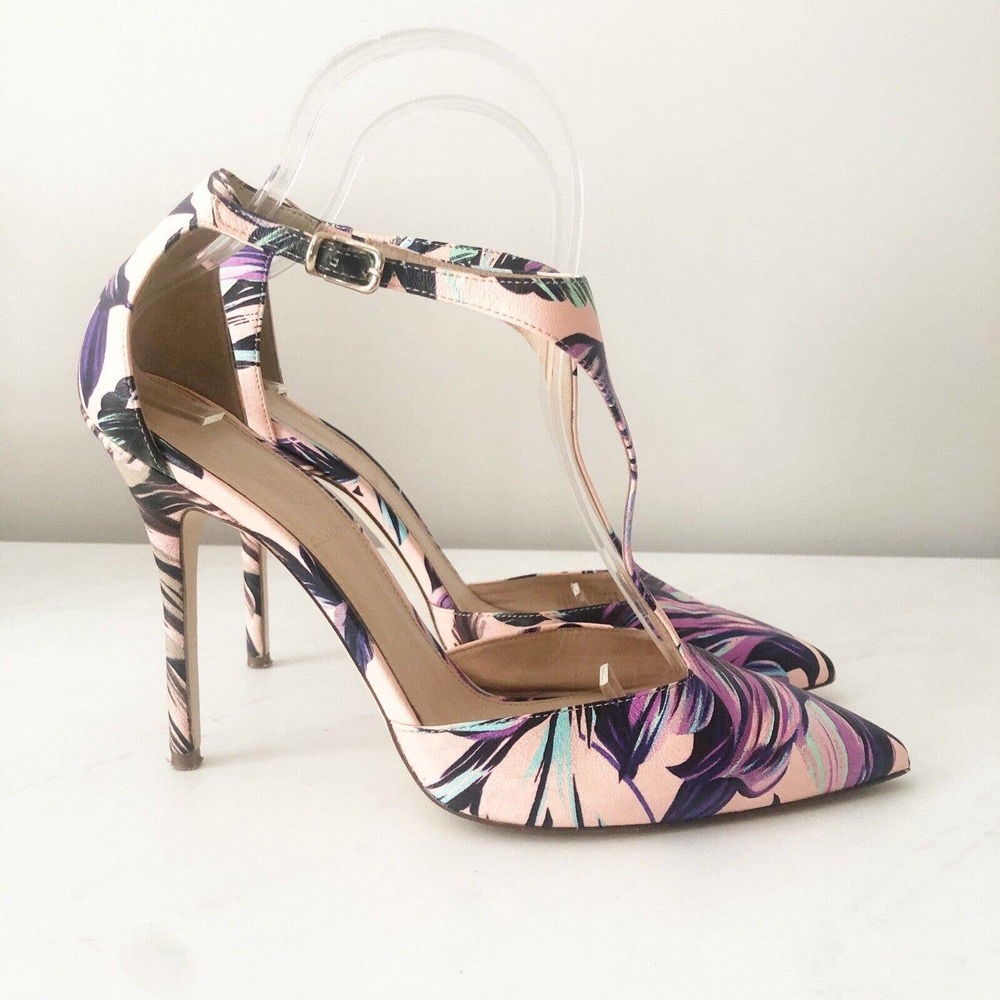 J. Crew Collection Size 8 Pink Floral Abstract T-Strap Ankle Stiletto Heels